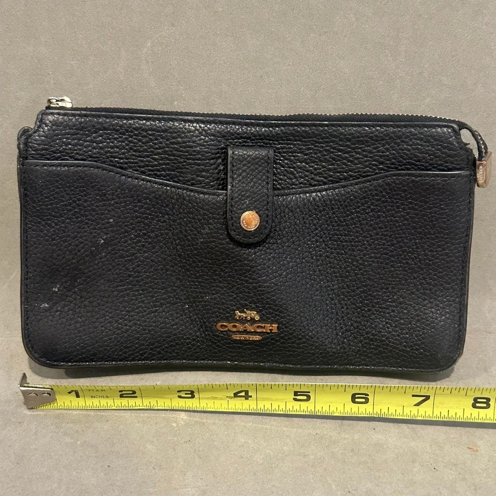 Coach Black Pebbled Leather Zip Top Wristlet Gold Logo Pouch Wallet
